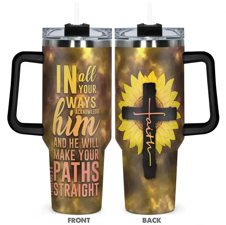 Christian Floral Sunflower Print Cross Vacuum Insulated Tumbler - Portable Double-Wall Stainless Steel Flask, 20oz/40oz with Handle, Women's Faith Drinkware, Gift Idea for Outdoor/Camping Use