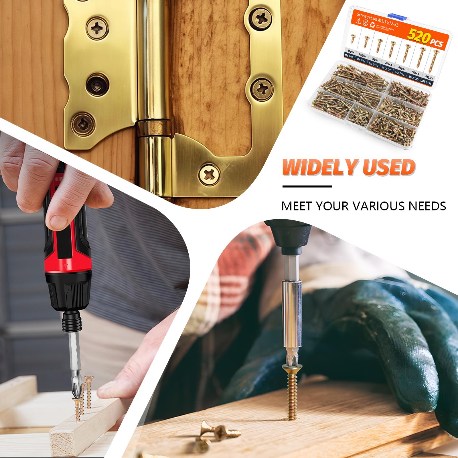 520PCS Wood Screws Assortment Kit - Carbon Steel Self Tapping Screw Set, Assorted Small Self Drilling Drywall Screws with Case, M3.5 Length 1/2" to 1-1/2" Phillips Flat Head Sheet Metal Screws,