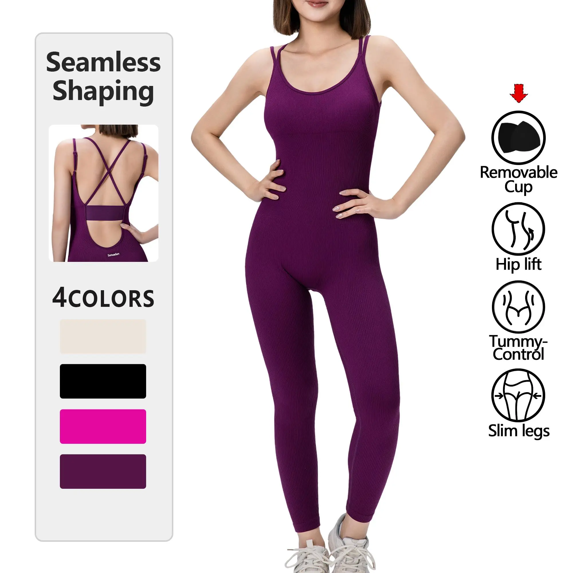 【BUY 1 GET 1】Jumpsuit +leggings- Tummy Control, Hip Lift, Stretchable Solid Color Athletic Rompers for Gym Workout & Daily Training