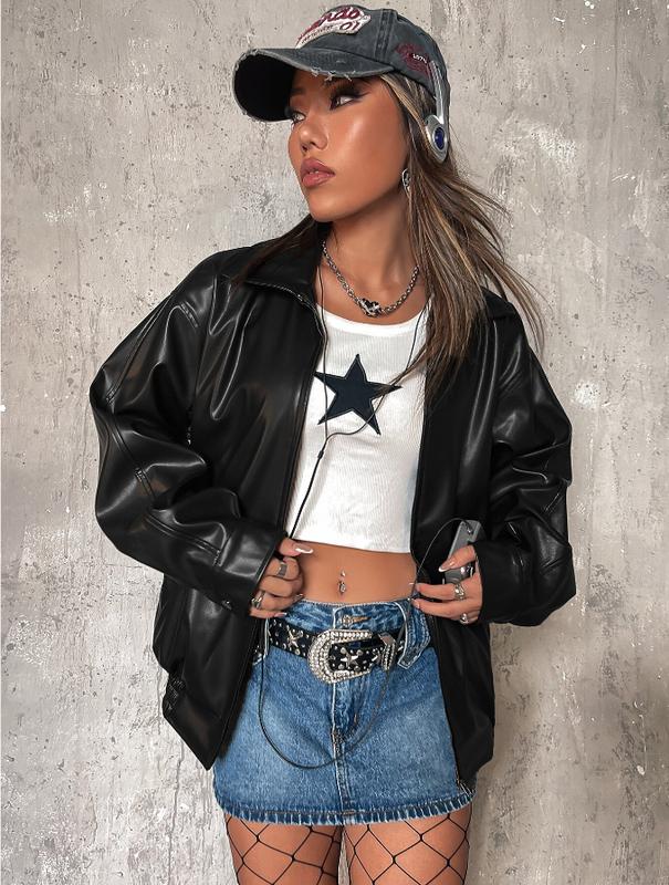 Zip Up Drop Shoulder PU Thick Leather Jacket *LooKo