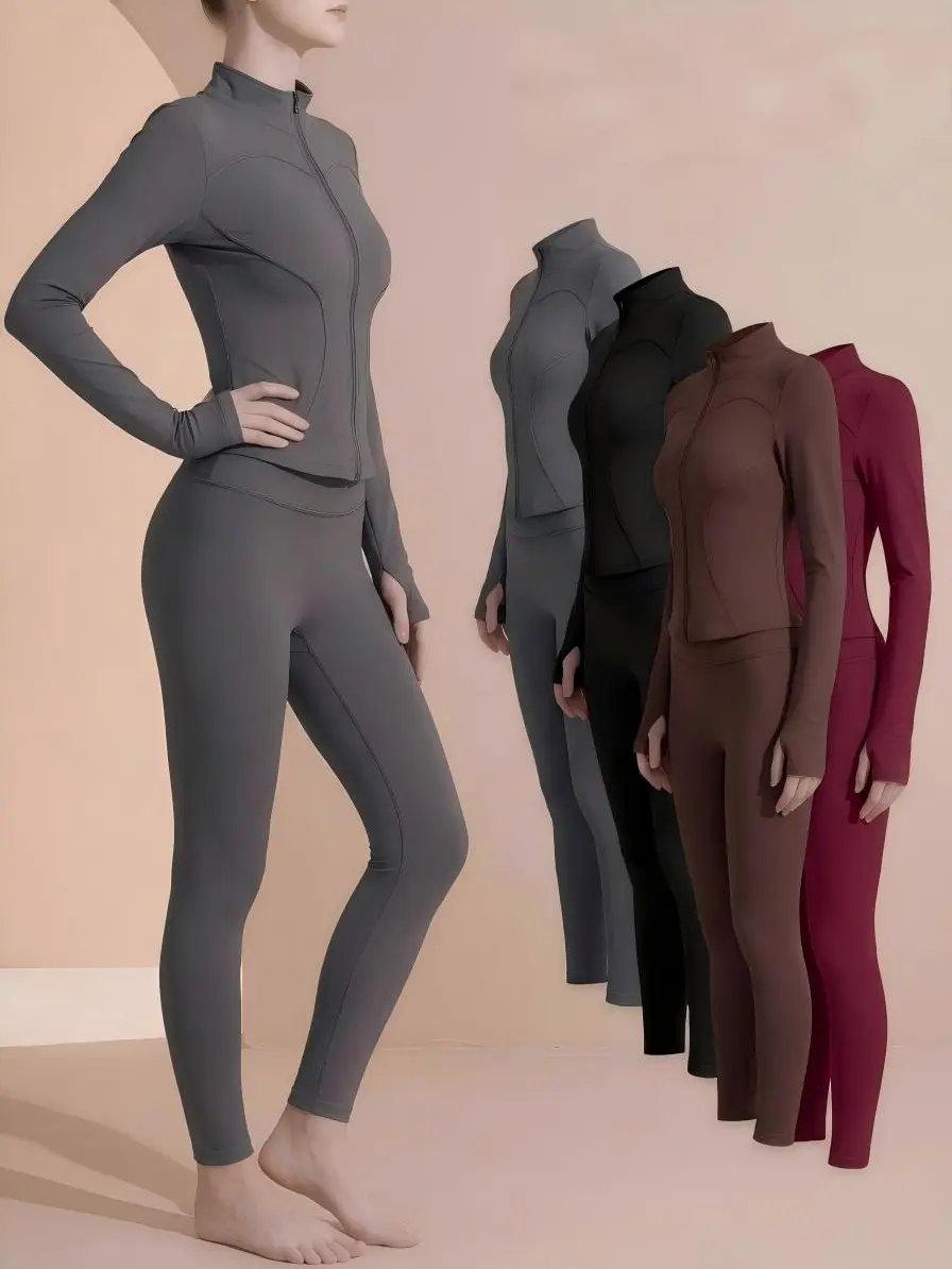 Women's 2 Piece Yoga Outfit Set Zip Up Long Sleeve Workout Jacket High Waist Stretch Leggings Athletic Fitness Tracksuit