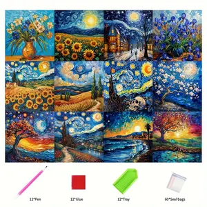 12 Pieces, Frameless Large Round Diamond Painting Kit, 5D Diamond Art Kit for Beginners, Starry Sky Moon Landscape Pattern, DIY Diamond Painting Kit Gem Art Home Wall Decoration Gift (40X40cm/15.7X 15.7inch )