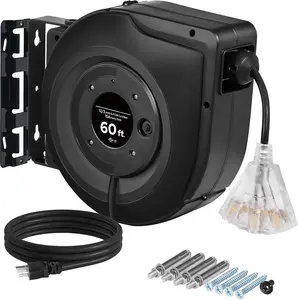 Retractable Extension Cord Reel, 60 FT Heavy Duty Extension Cord, 12AWG/3C SJTOW, 3 Grounded Outlets Lighted Triple Tap, 15A Circuit Breaker, Wall/Ceiling Mounted, UL Listed, H60CR06