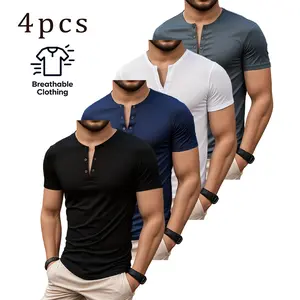 Men’s solid-color casual short-sleeve Henley-collar T-shirt set (4 pieces), lightweight button design, casual work/sportwear, comfortable breathable fabric that showcases muscle lines, suitable for everyday summer wear, sports fitness, commuting, and shop