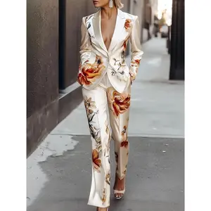 Women's Elegant Floral Suit Set, High-Quality Fabric Two-Piece Fitted Long Sleeve, Commuter Style Workwear, Daily Wear, Spring & Fall Fashion