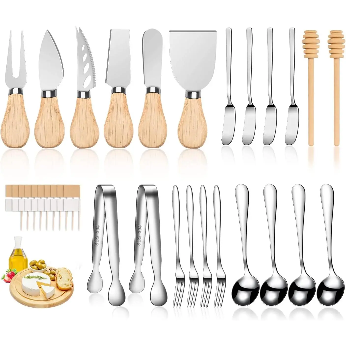 Charcuterie Board Accessories Wooden Cheese Spreader Knive Set, Wood Handle Butter knives For Cheese Kit, Mini Cheese Knife Slicer With Tongs, Spoons, Forks,Honey Dipper (23 Pack)