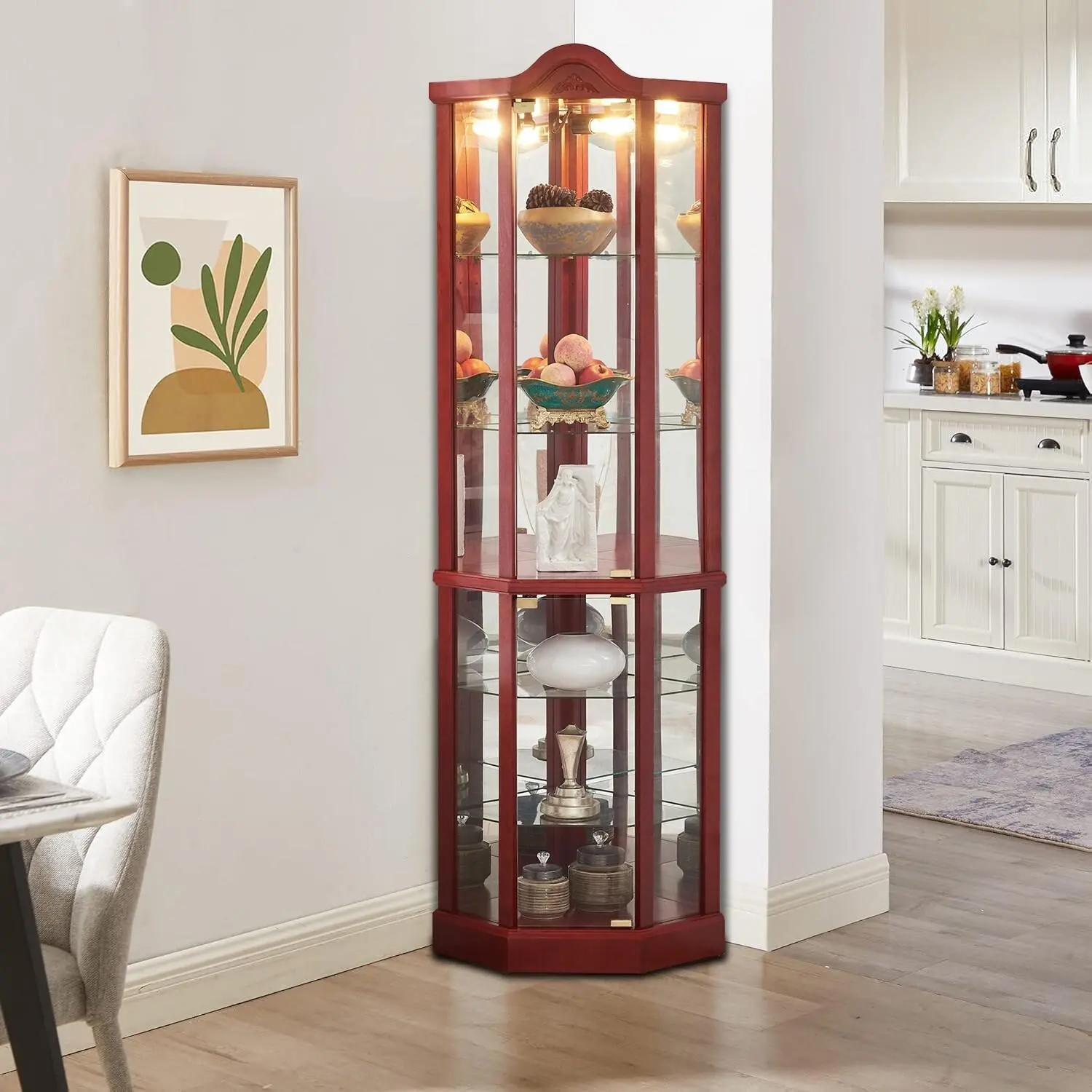 Vintage Chic 71.93 Inch Hight Freestanding Corner Storage Display Cabinet with Lighting System