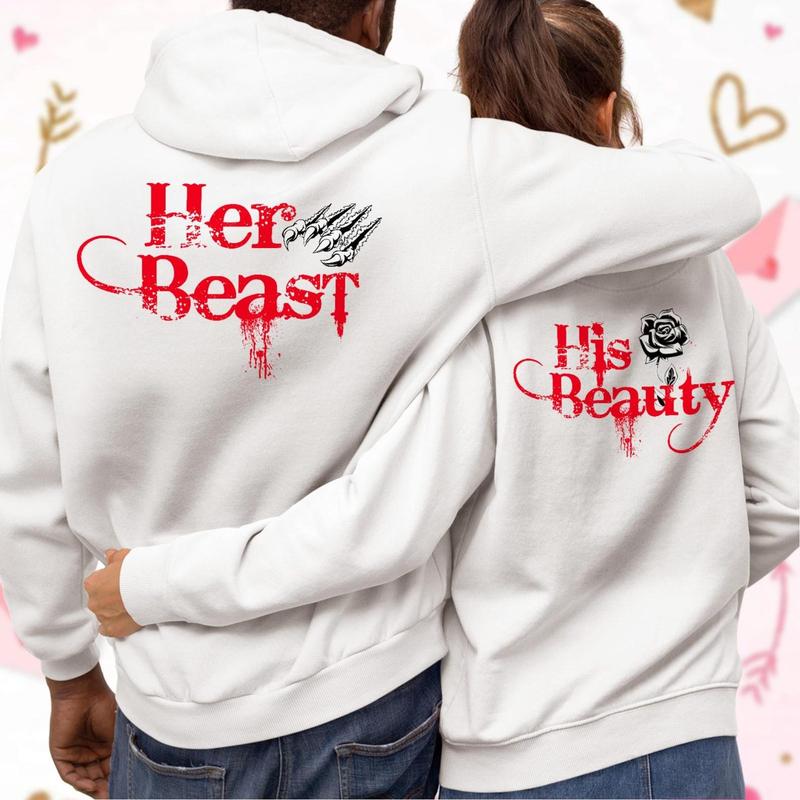 Her Beast His Beauty Couple Hoodies - Beauty And Beast Rose Shirt, Perfect Matching Sweatshirts, Valentines Couple Shirt, Set Couple Merch, Gift for Valentines