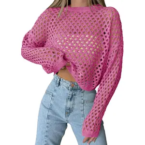 Lannew Womens Crochet Crop Tops Summer Long Sleeve Mesh Knit Beach Cover Up Hollow Out Crewneck Pullover Sweaters