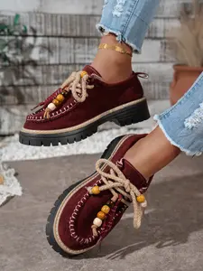 Women's Boho Beaded Velvet Thick Sole Loafers, Lace-Up Shoes for Daily & Holiday Wear, Casual Style, All Seasons