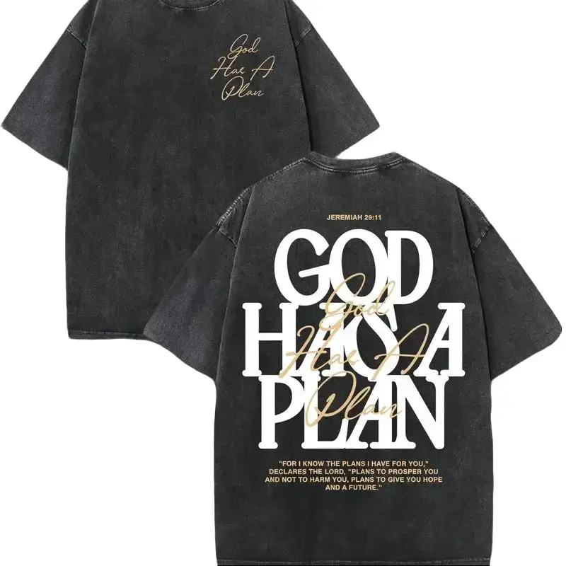 Men's Oversize Christian Crewneck T-Shirt - Heavyweight Ring-Spun Cotton Tops, Casual Fit, Vintage Wash, Double-Sided "God Has a Plan" Bold Print, Broken-In Soft, Retro-Modern Vibe, Limited Drop Tee, Short-Sleeve, Cold Wash, Unisex Sizes 2XL-3XL