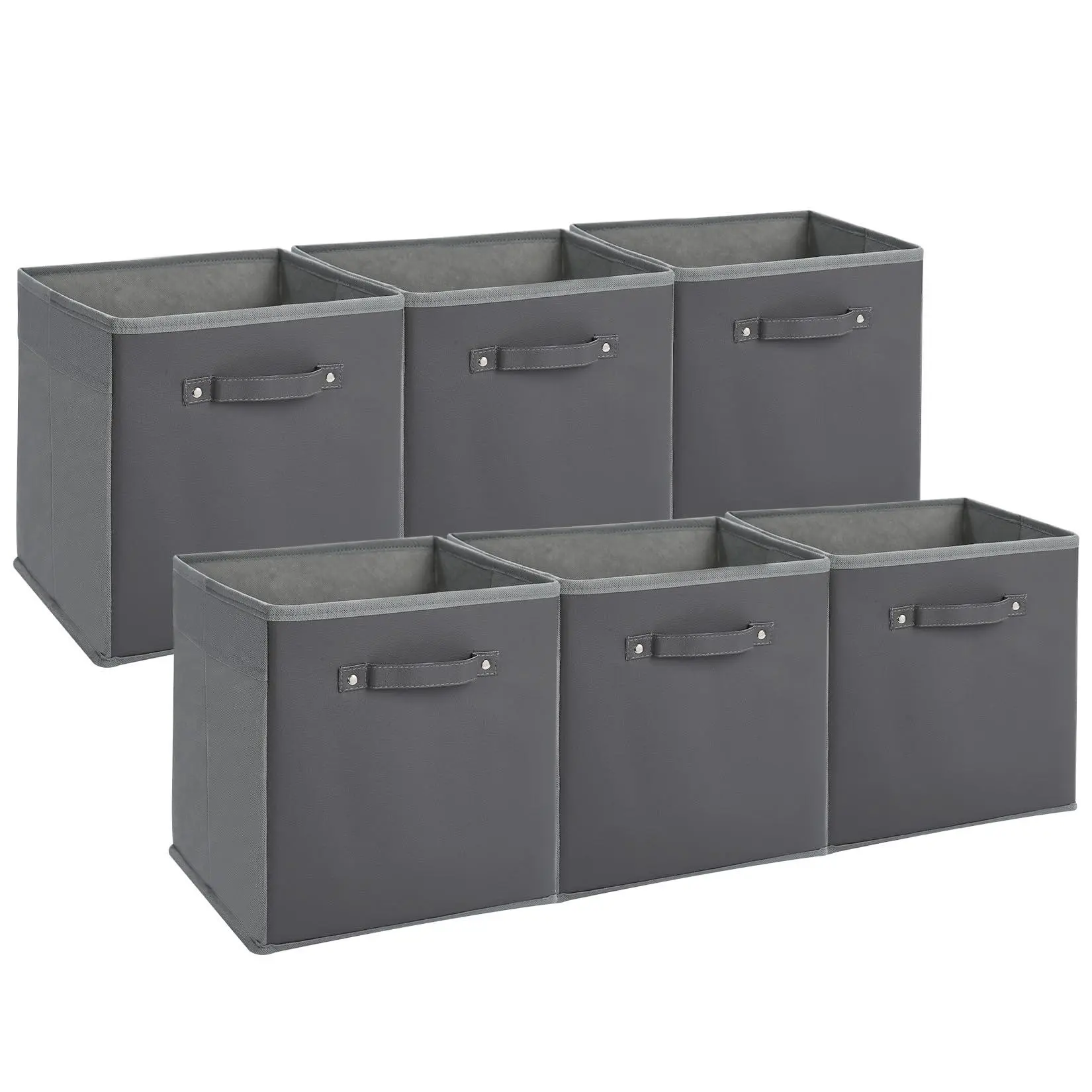 GARVEE 6-Pack 11 Inch Fabric Storage Bins with Faux Leather Handles, Foldable Cube Organizer Baskets for Shelves and Closet, Collapsible Storage Boxes for Clothes Toys, Gray