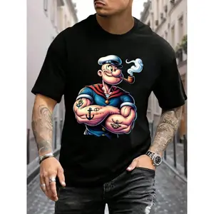 Men's Urban Casual T-Shirt - [POPEYE] Printed, Short Sleeved Round Neck, Moderate Thickness, Suitable for Summer, Spring, And Autumn, Unisex, Gift Top, Holiday T-Shirt