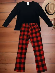 Girl's Long Sleeve Tee & Plaid Print Pants Pajama Two-Piece Set, Casual Comfy Round Neck Top & Trousers PJ Set, Kids Sleepwear for Spring & Fall