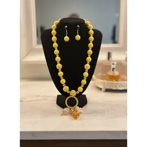 Long Yellow Beaded Necklace Set: Wire-wrapped Pendant