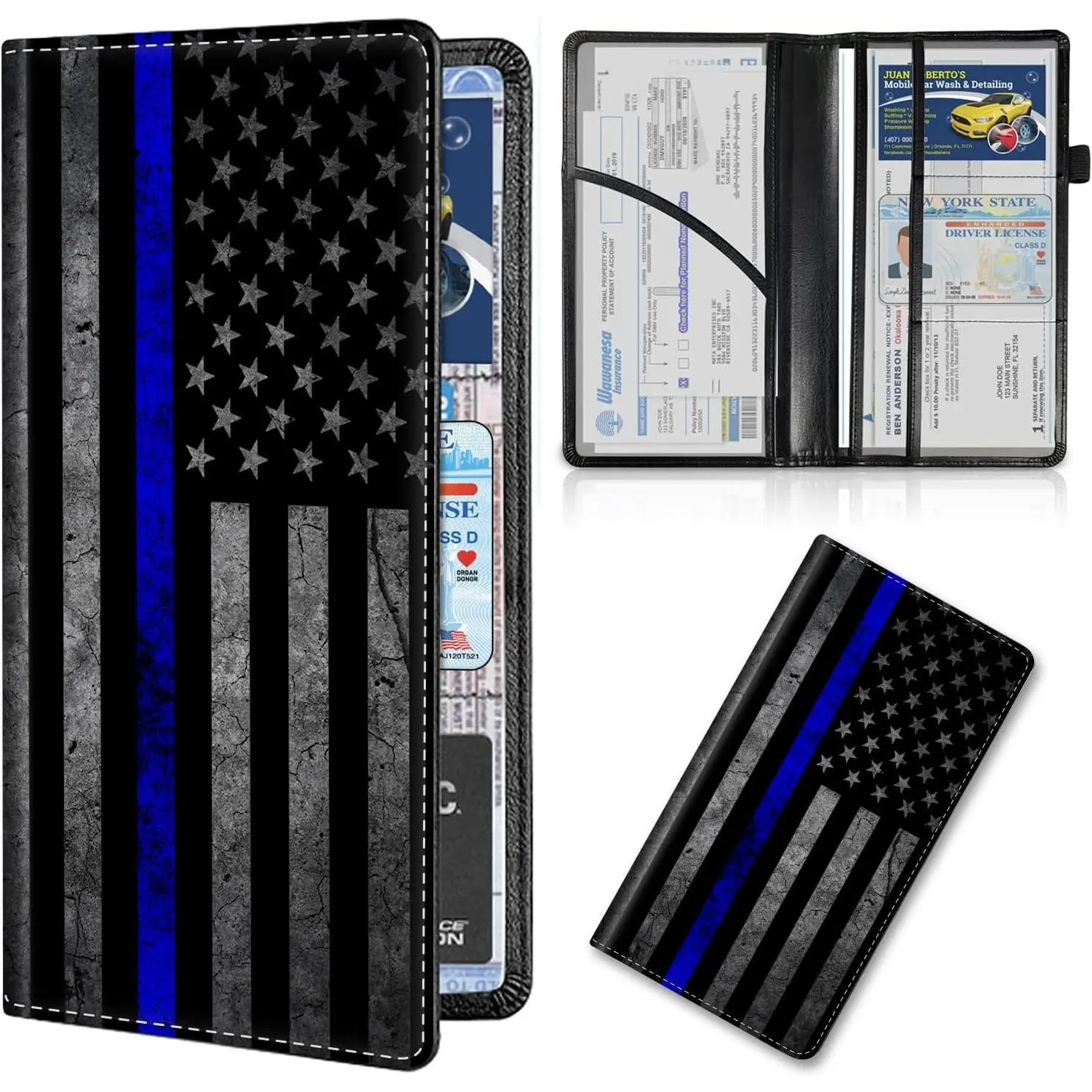 Premium Leather Car Tax Disc Holder - PU Leather Bag, Glove Box Organizer for Driver's License, ID Cards, Thin Blue Line American Flag Registration & Insurance Card Holder