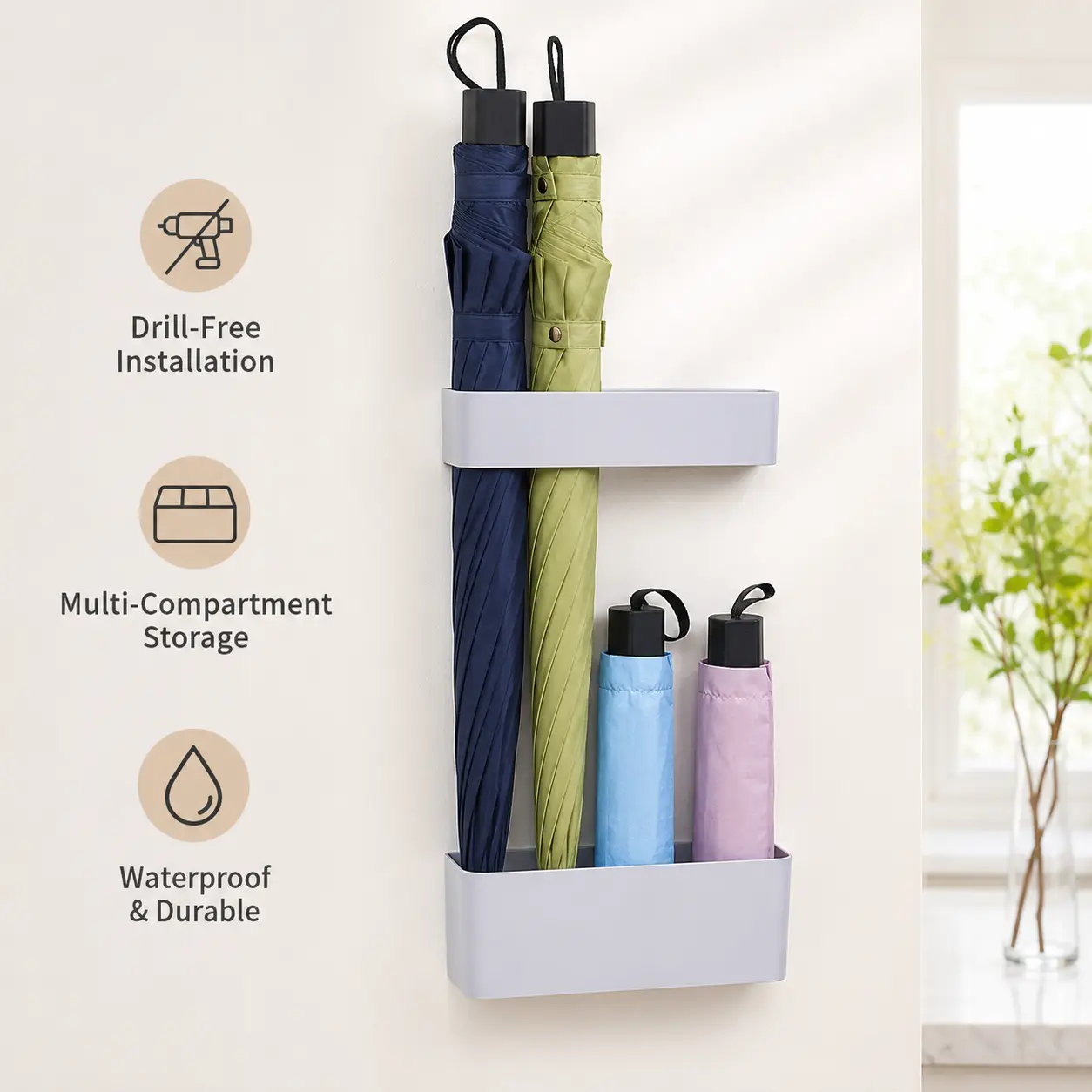 1 Count, Wall Mounted Double Layer Umbrella Storage Rack, No Drilling Adhesive, for Home Entryway Wall and Door Umbrella Organization