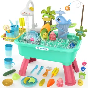 Kitchen Play Sink Toys with Running Water for Kid,4-in-1 Electric Dishwasher Playing Toy with Animals, Food, Tableware Accessories,Color Changing Pretend Role Play Birthday Gift Toy for Boy and Girl