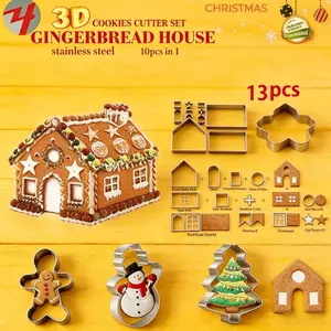 13-Piece Stainless Steel Gingerbread House Cookie Molds Set, Heavy-Duty 3D House Roof Door Mold for DIY Baking, Christmas Year-Round Decoration
