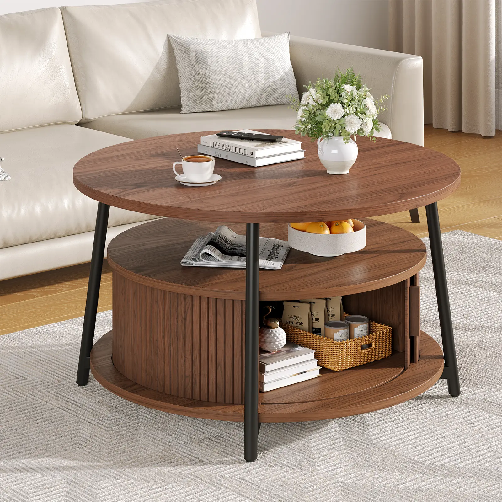 【SummerFinds】ONBRILL 31.5 Inch Round Coffee Table with Storage, Fluted Coffee Tables with 2 Tiers, Mid-Century Modern Center Table with 2 Sliding Doors and Adjustable Footpad for Living Room