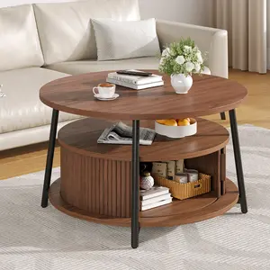 【SPOTLIGHT DAY】ONBRILL 31.5 Inch Round Coffee Table with Storage, Fluted Coffee Tables with 2 Tiers, Mid-Century Modern Center Table with 2 Sliding Doors and Adjustable Footpad for Living Room