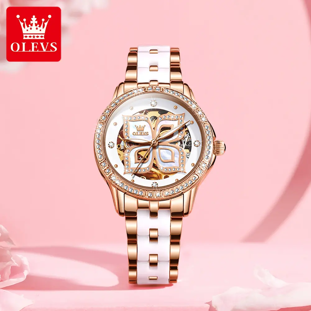 OLEVS Genuine Ladies' Mechanical Watch, Ceramic Strap Fully Automatic Mechanical Watch Waterproof Luminous  Non-Fading Mechanical Watch 6612 Reloj mecánico de mujer
