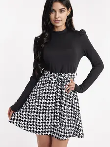 Women's Houndstooth Print Belted Mock Neck Dress, Elegant Fashion Casual Long Sleeve A Line Dress for Daily Outdoor Wear, Women Dress for Spring Fall