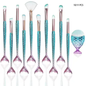 Mermaid Makeup Brush Set, 10/11 Pieces Foundation Eyebrow Eye Shadow Eyeliner Blush Beauty Brushes, Cosmetic Tool Kit for Women, Makeup Blending Brush