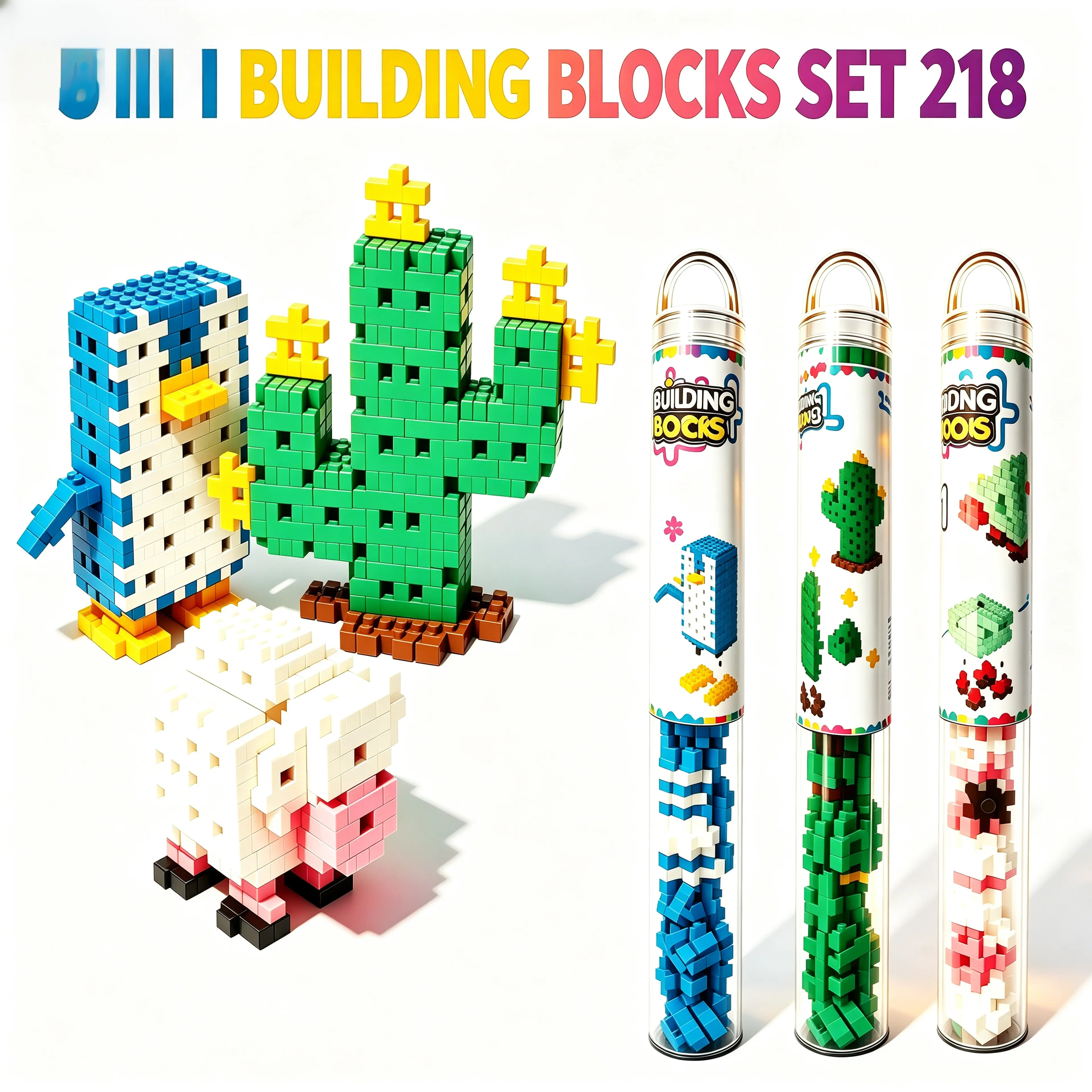 3-Pack Mini Tube Interlock Blocks Set, 218 Pcs ABS Building Blocks DIY Construction Toy for Kids Ages 3+