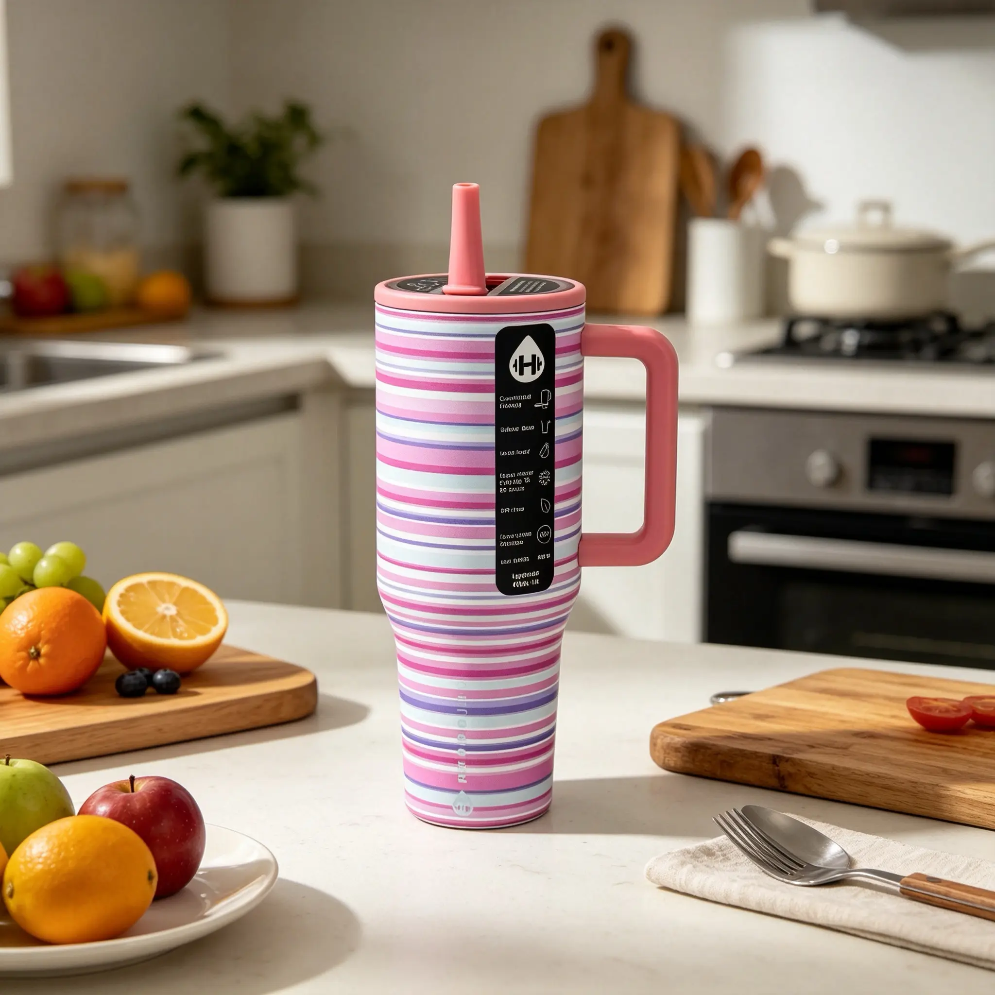 HydroJug 40oz Pink Striped Insulated Stainless Steel Tumbler, Leak-Proof Design With Comfort Handle, Matching Pink Straw Lid, Up To 24 Hour Cold Retention, Portable Water Bottle For Car Travel, Office And Daily Commute