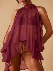 Elegant Gradient Chiffon Halter Top Blouse with Back Tie, Long Split Sleeves, High Neck Ruffle, Perfect for Evening & Party