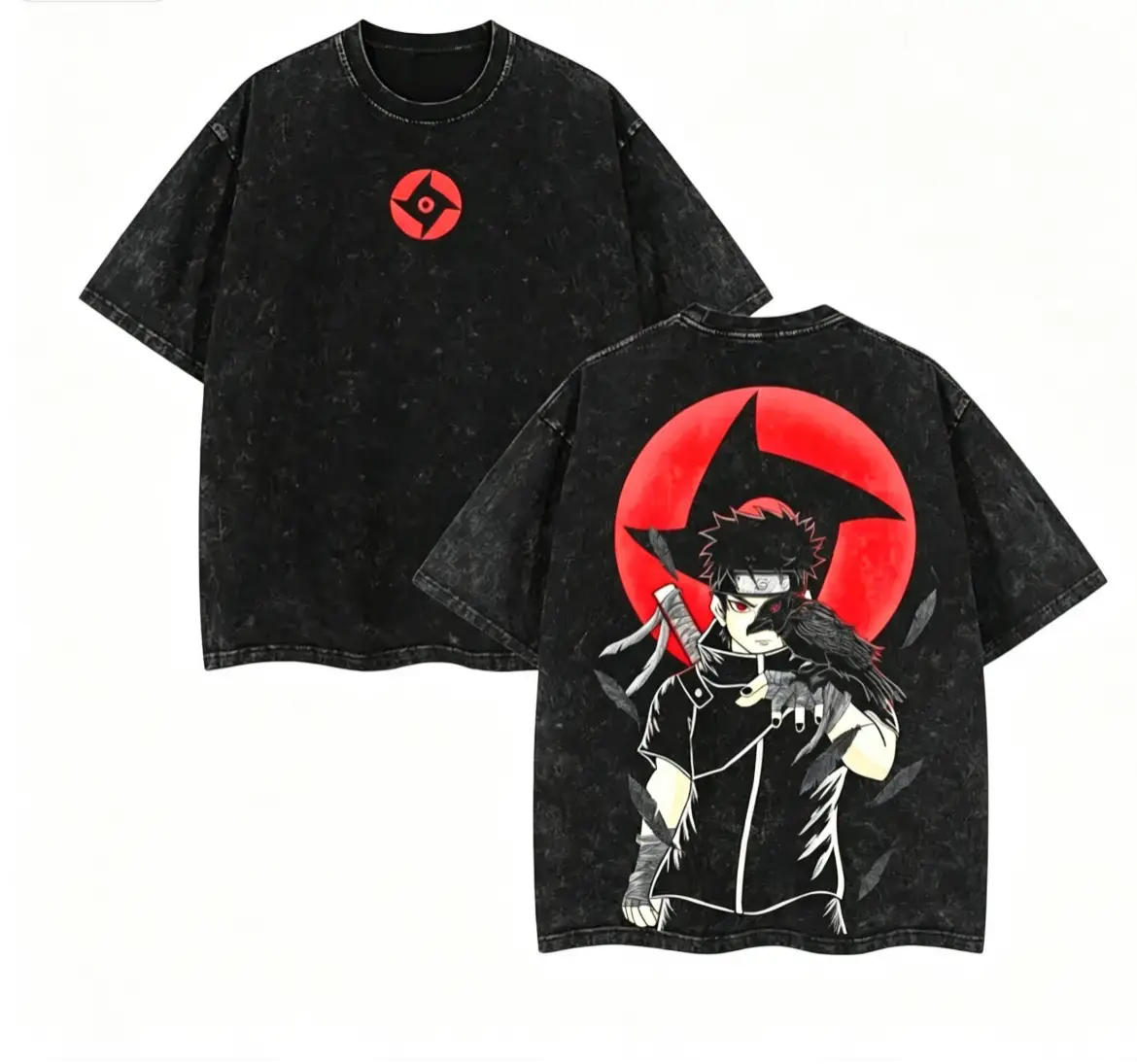 Men's Shisui Uchiha x Naruto Anime Double-Printed Retro Heavy Cotton Loose-Fit Short-Sleeve Round Neck Casual Tee, Unisex Anime Art Merch for Fans, Vintage Washed T-Shirt