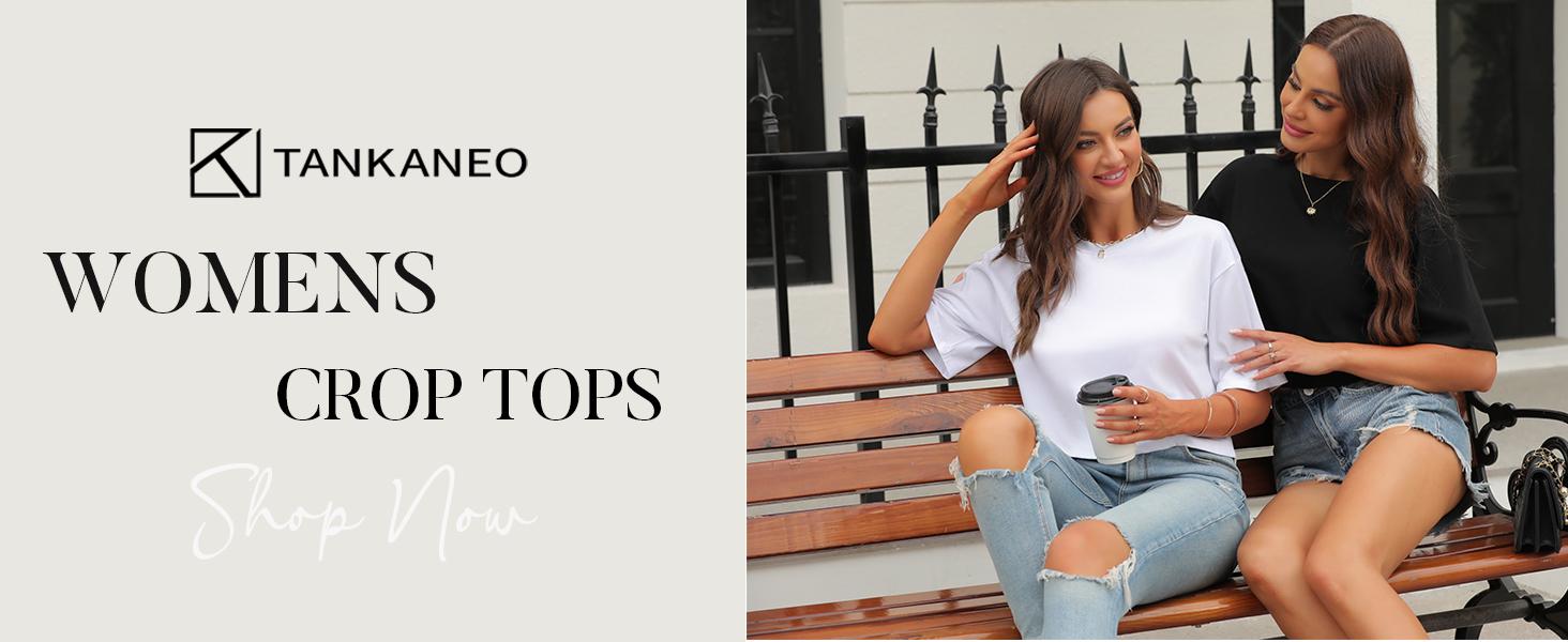 Tankaneo Women Half Sleeve Cropped T-Shirts Drop Shoulder Round Neck Crop Tops Casual Summer Solid Color Basic Tees