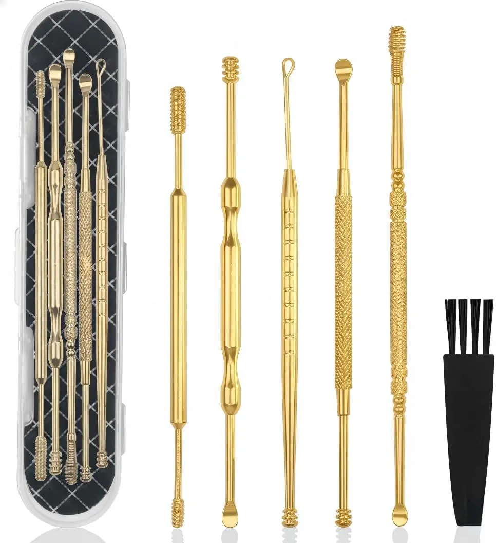 6 Pcs Extended Ear Wax Removal Kit,Professional Double-Headed Ear Pick Earwax Removal Tools,316L Stainless Steel Ear Cleaner Curette with Cleaning Brush and Storage Box,Suit for Kid Adult(Gold) Handle Nail Smooth Nail Art Nail Art Nail Nail