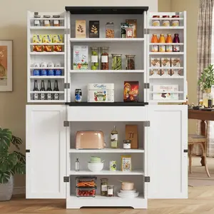 Walsunny Farmhouse Kitchen Pantry Storage Cabinet with 4 Barn Doors and adjustable Shelves ,Middle Drawers, 28x15.6x66.7in Storage Furniture for Living Room Decor, Storage Organization, Bathroom Use