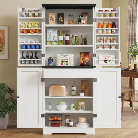 Walsunny Farmhouse Kitchen Pantry Storage Cabinet with 4 Barn Doors and adjustable Shelves ,Middle Drawers, 28x15.6x66.7in Storage Furniture for Living Room Decor, Storage Organization, Bathroom Use
