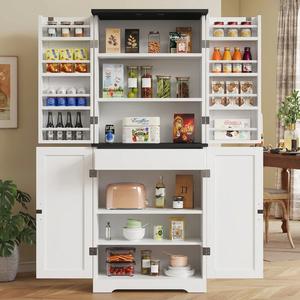 Walsunny Farmhouse Kitchen Pantry Storage Cabinet with 4 Barn Doors and adjustable Shelves ,Middle Drawers, 28x15.6x66.7in Storage Furniture for Living Room Decor, Storage Organization, Bathroom Use