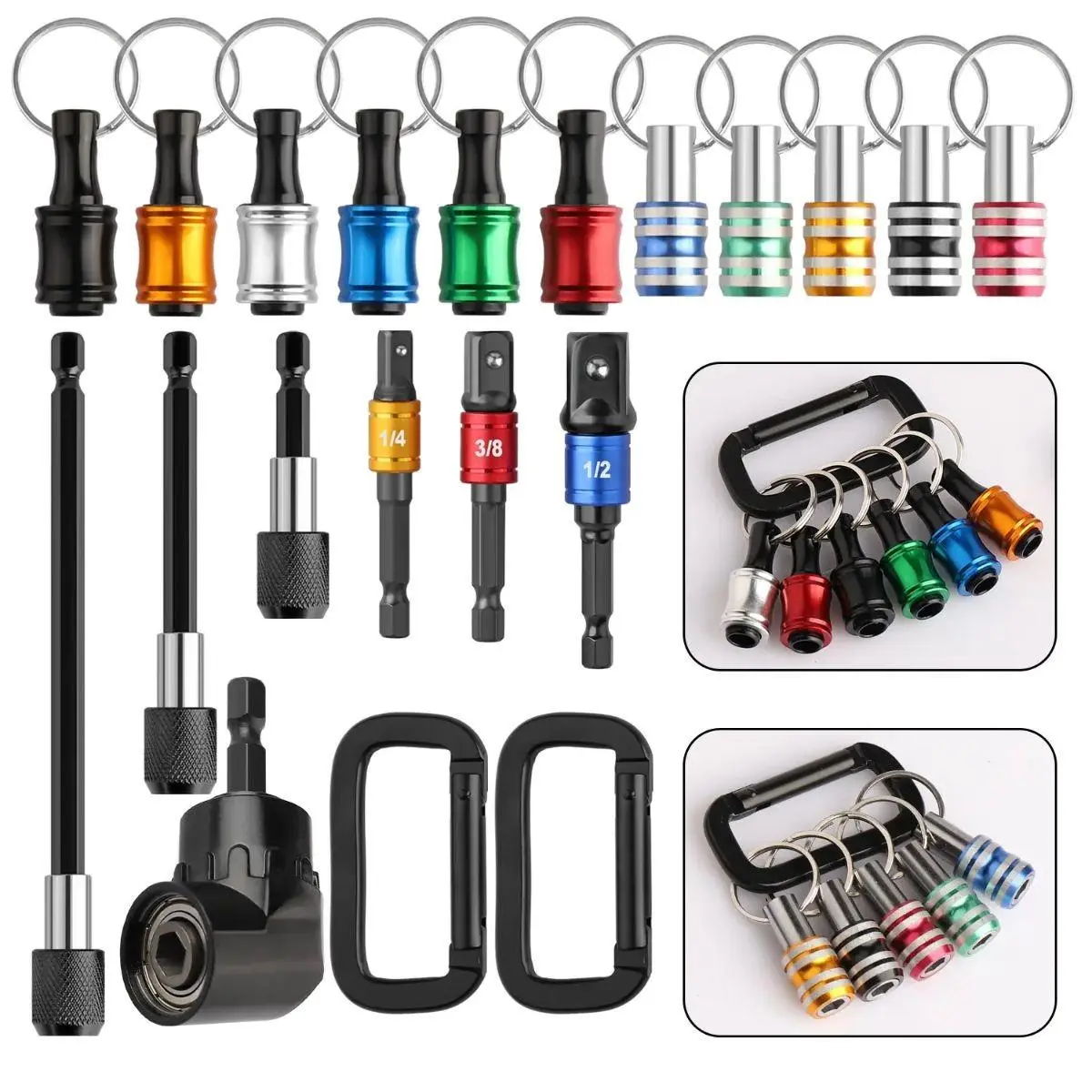 EDC Tool Organizer 1/4" Drill Bit Holder Keychain 18Pcs Quick Release Hex Shank Extension Socket Adapter Right Angle Attachment Handyman Gift