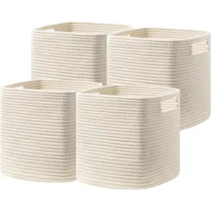 Set of 4 Storage Cubes 13x13x13 In Cotton Rope Basket for Shelves Toys Book Cube Storage Bin with Handles Woven for Organizing Beige Soft Durable Multi-Purpose