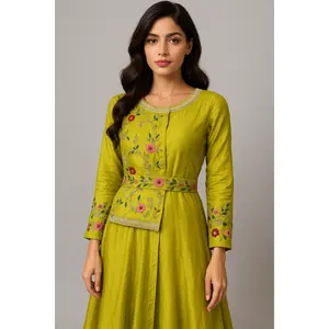 Hand Embroidered Chartreuse Maxi with Belt