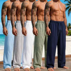 Men’s breathable linen casual pants — loose drawstring waist design, comfortable for all seasons, solid color with pockets, hand wash/dry clean, non-stretch fabric, beach outdoor casual pants
