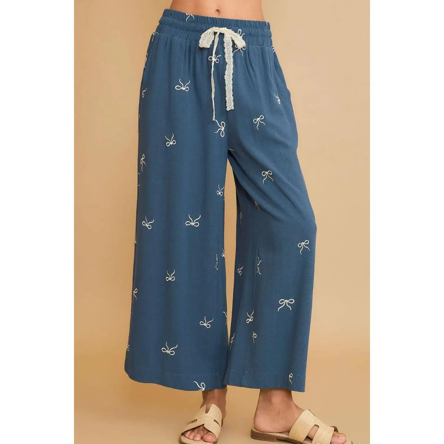 Umgee Full Size Lace Drawstring Embroidered Bow Wide Leg Pants Plus Size