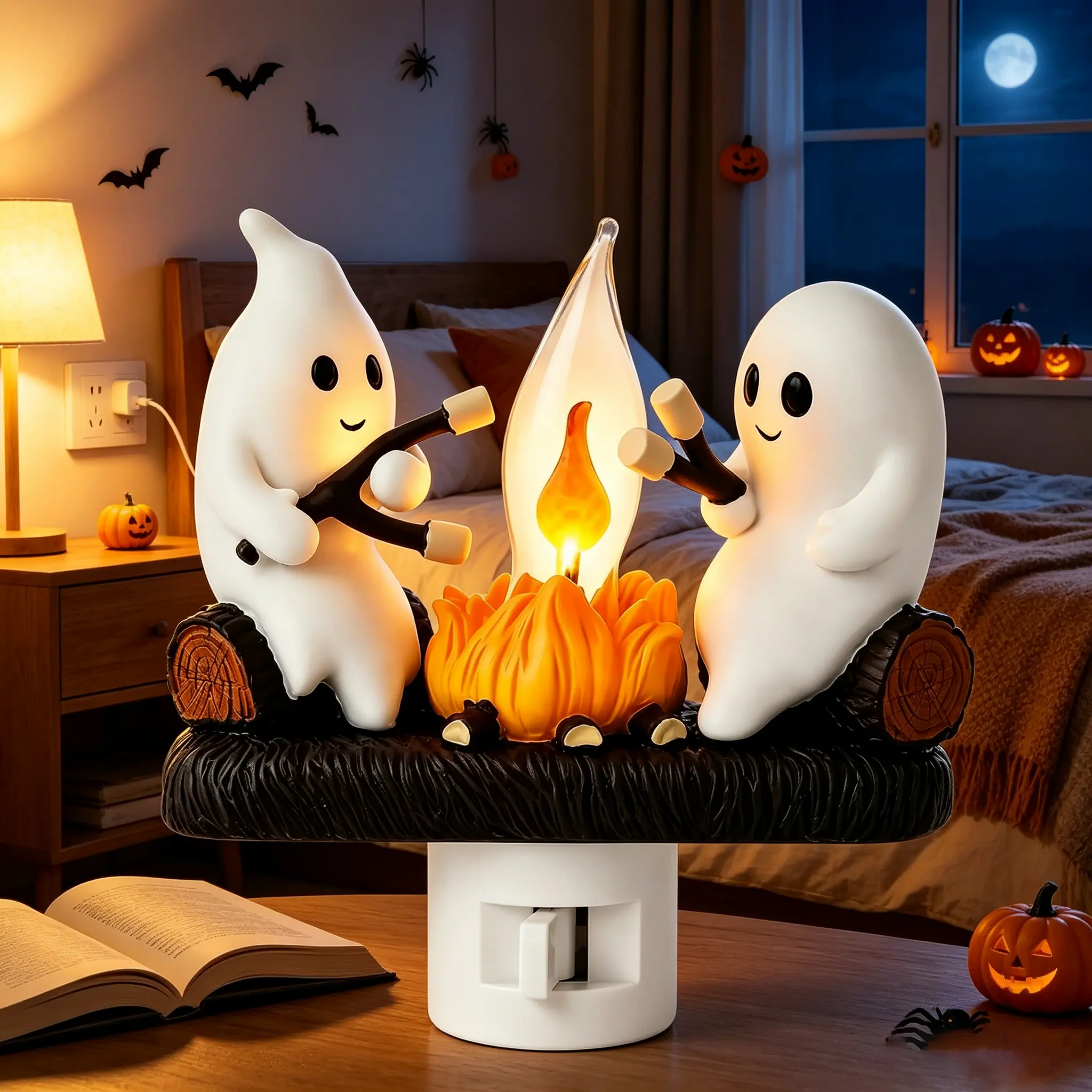 3D resin Halloween night light, warm glow indoor bedroom living room decorative light, ghost themed gift, exquisite details, comfortable bonfire night light, suitable for fireplace racks, bedrooms, study rooms - Halloween and year-round decoration