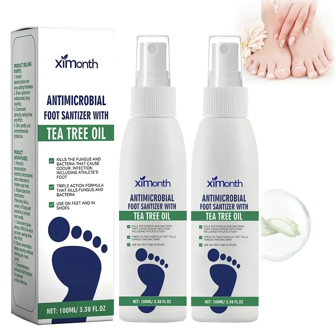 (3 bottles)Tea Tree Oil Foot Spray - Plantar Moisturizing Deodorant for Odor Control & Dry Feet Care, Natural Foot Sanitizer with Antifungal Properties,Ximonth Clear Foot Sanitizer Spray,for Foot & Shoe Freshness Foot deodorize