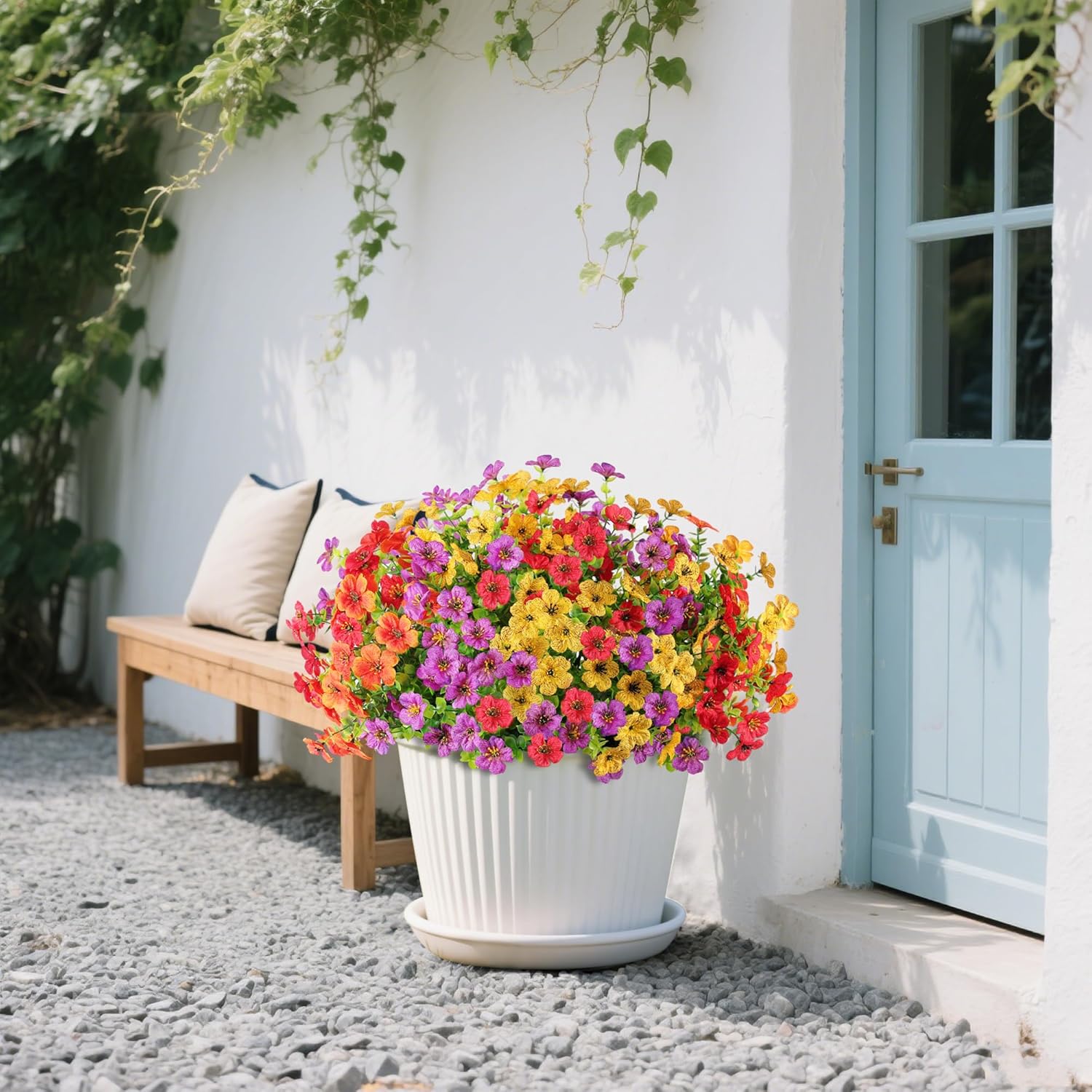 Artificial Faux Flowers Plants for Outdoors Outside Spring Summer Decoration,8 Bundles Silk Daisy Realistic Fake Flowers Plants Greenery UV Resistant for Planters Porch Patio Front Yard(8 Multicolor)