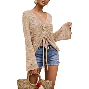Womens Boho Off Shoulder Sheer Crop Tops Bell Sleeve Flowy Oversized Crochet Ruched Pullover Sweaters