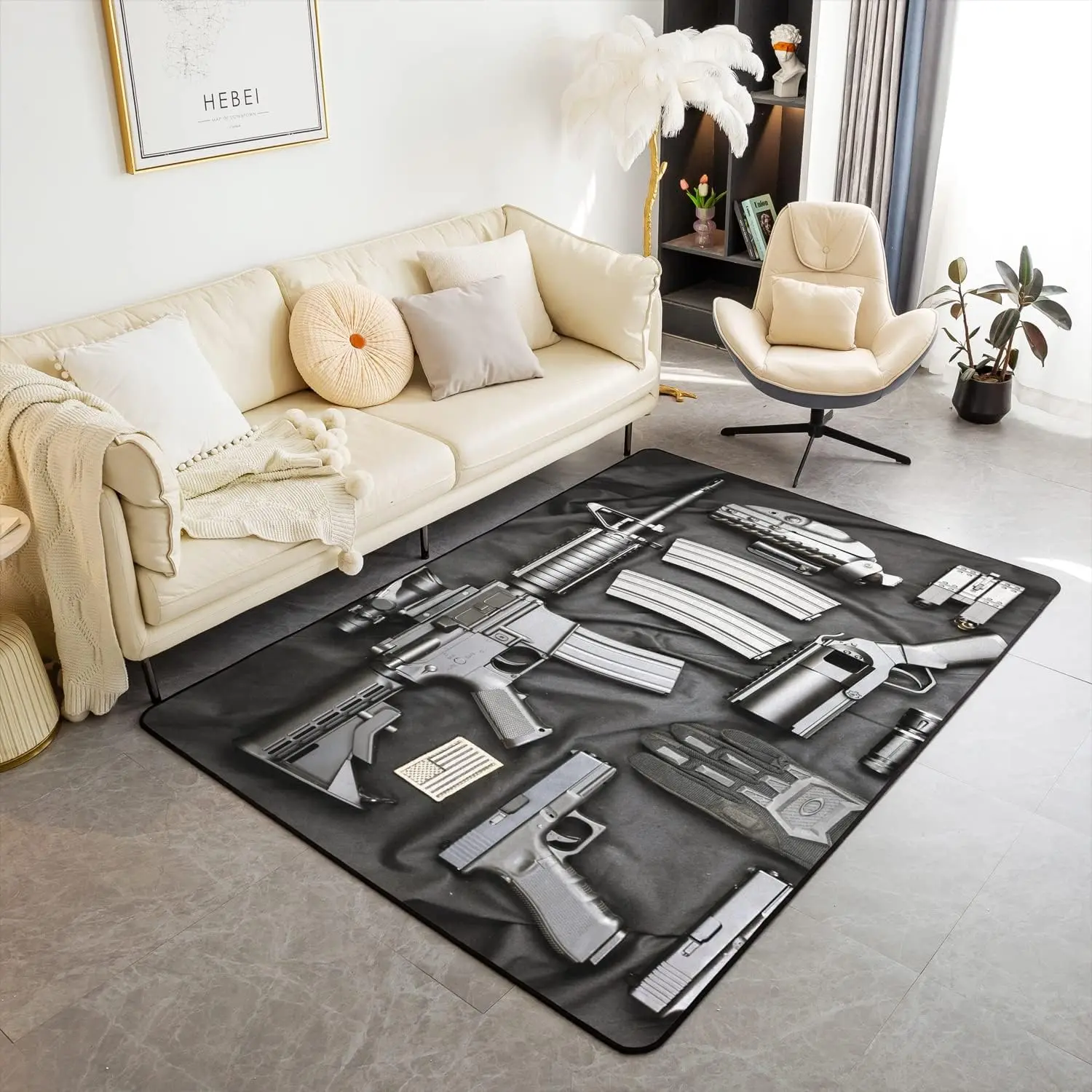 Feelyou Military-Themed Non-Slip Decorative Accent Rug, Army Rifle & Machine Gun Pattern, Living Room Rugs for Indoor Use, Home Room Accessories, Rugs For Living Room