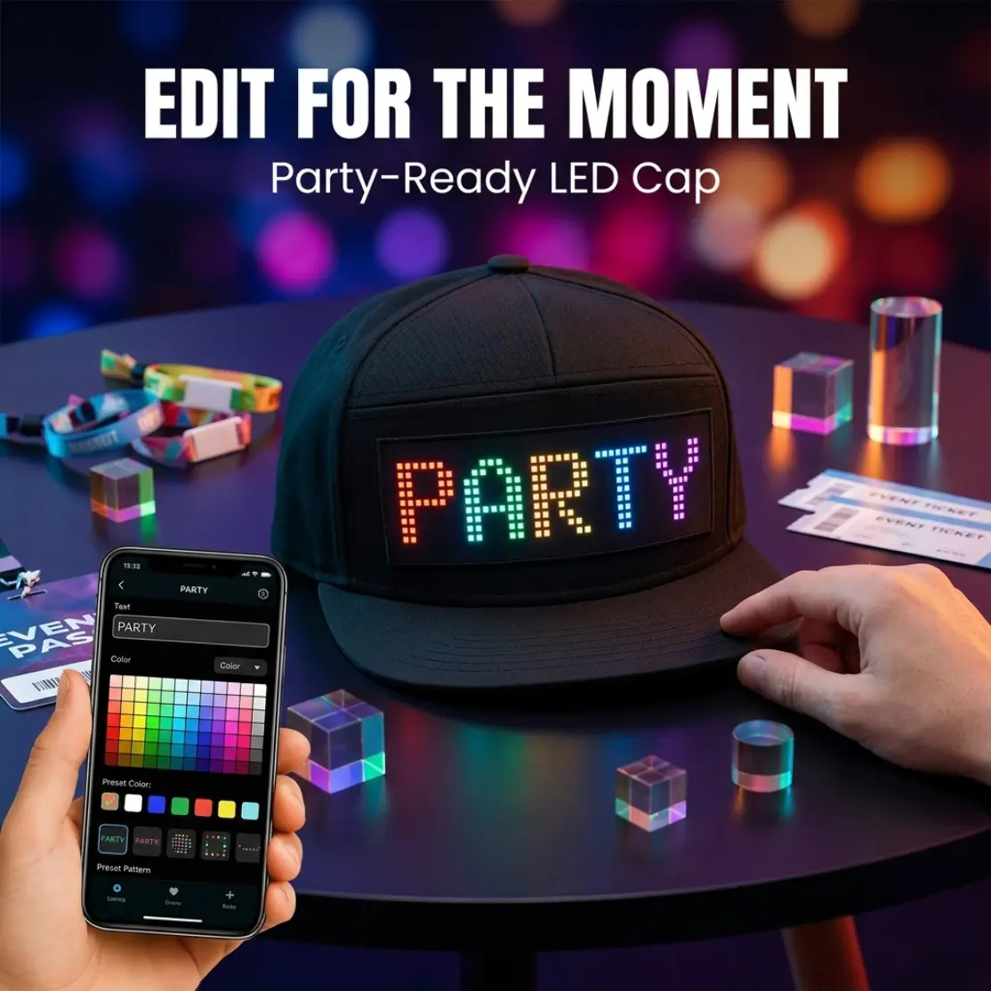 LED Baseball Cap For Adults, Cotton Adjustable Black Light Up Hat With App Editable Text Numbers And Pixel Patterns, USB Rechargeable Color Display Casual Cap