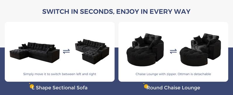 【3 Package Shipping】MAXYOYO L Shape Sectional Sofa Couch and Round Chaise Lounge, Modern Cloud Couch with Ottoman, Comfy Sofa with Layered Cushion, Tufted Upholstered Sleeper Chair for Living Room, No Assembly Required
