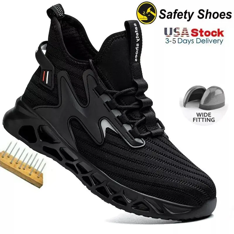 Steel Toe Work Shoes for Men Lightweight Comfortable Industrial & Construction Work Safety Sneakers Indestructible Safety Boots Steel Toe Tennis Black Shoes